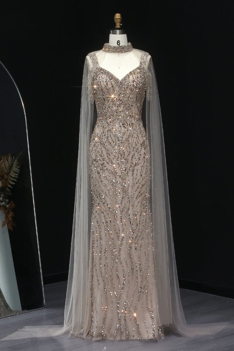 Champagne Arabic Mermaid Evening Dress with Cape Sleeves