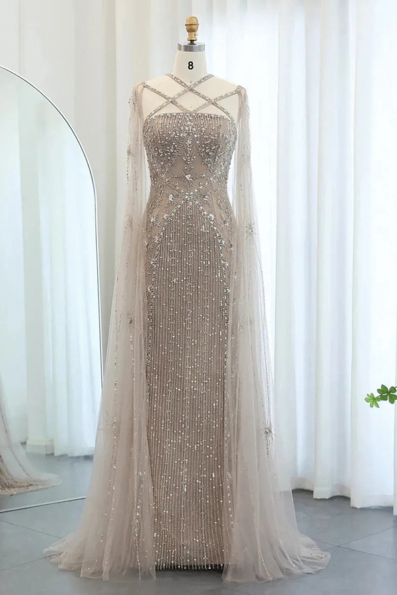 Elegant Luxury Mermaid Evening Dress in Champagne with Cape Sleeves