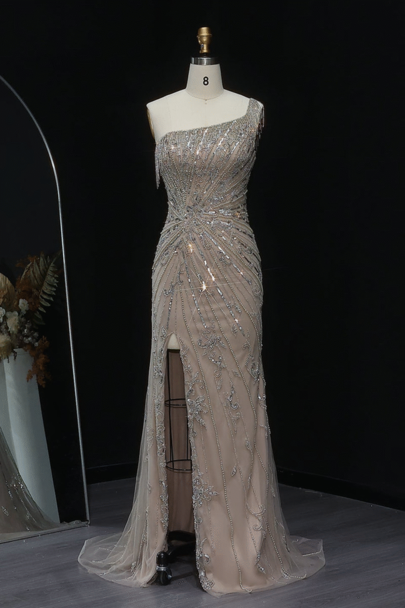 Elegant One Shoulder Tassel Mermaid Champagne Evening Dress