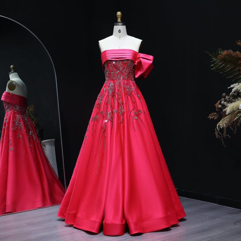 Luxury Beaded Elegant Fuchsia Satin Evening Dress