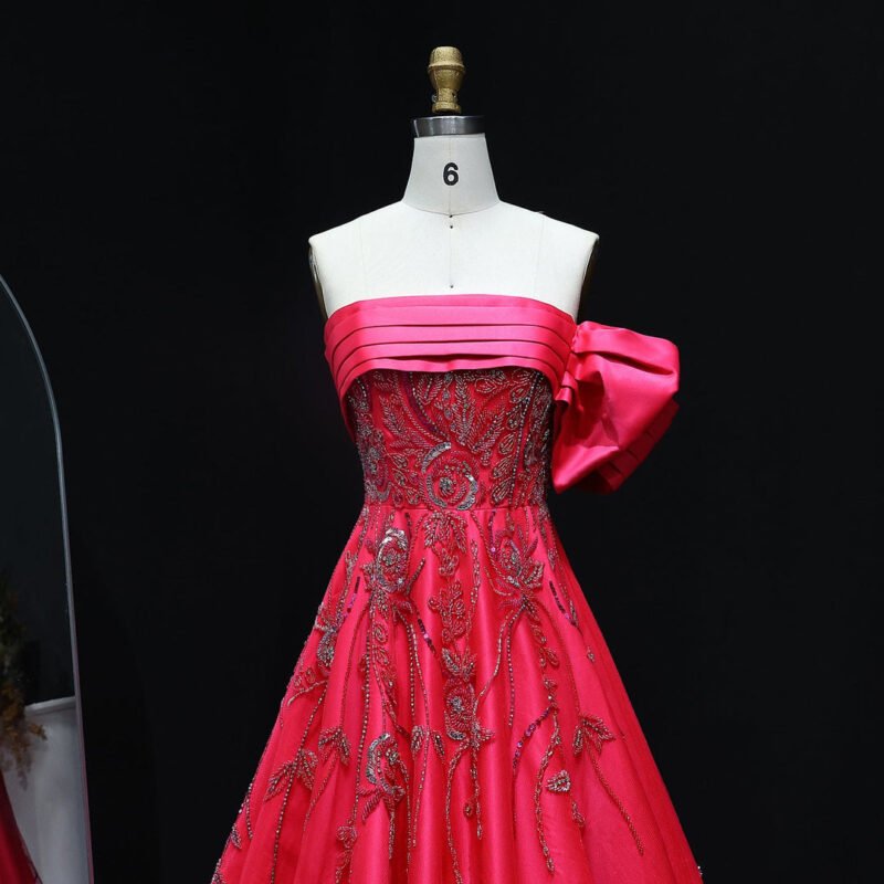 Luxury Beaded Elegant Fuchsia Satin Evening Dress
