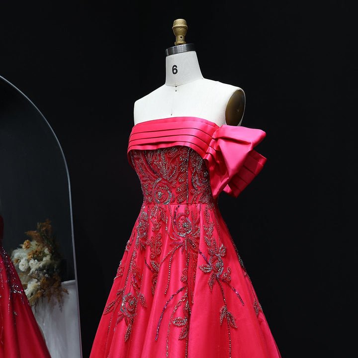 Luxury Beaded Elegant Fuchsia Satin Evening Dress