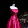 Elegant Fuchsia Satin Evening Dress with Feathers