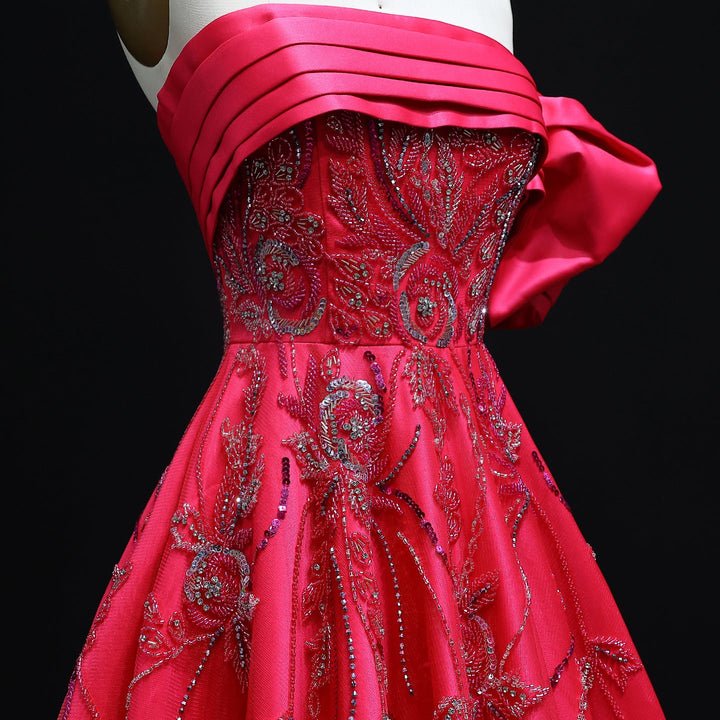 Luxury Beaded Elegant Fuchsia Satin Evening Dress