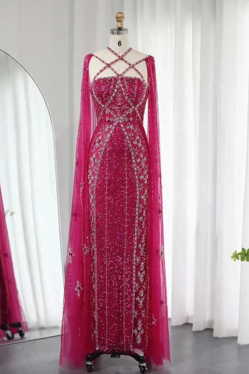 Elegant Luxury Mermaid Evening Dress in Fuchsia with Cape Sleeves