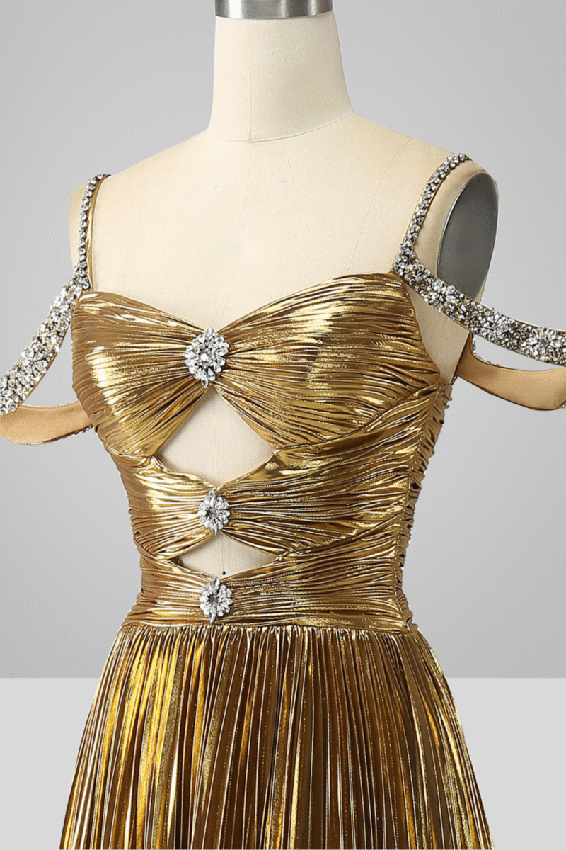 Gold A-Line Off-the-Shoulder Long Prom Dress