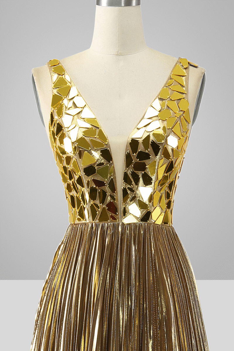 Gold A-Line Pleated Long Prom Dress with Slit