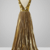 Gold A-Line Pleated Long Prom Dress with Slit