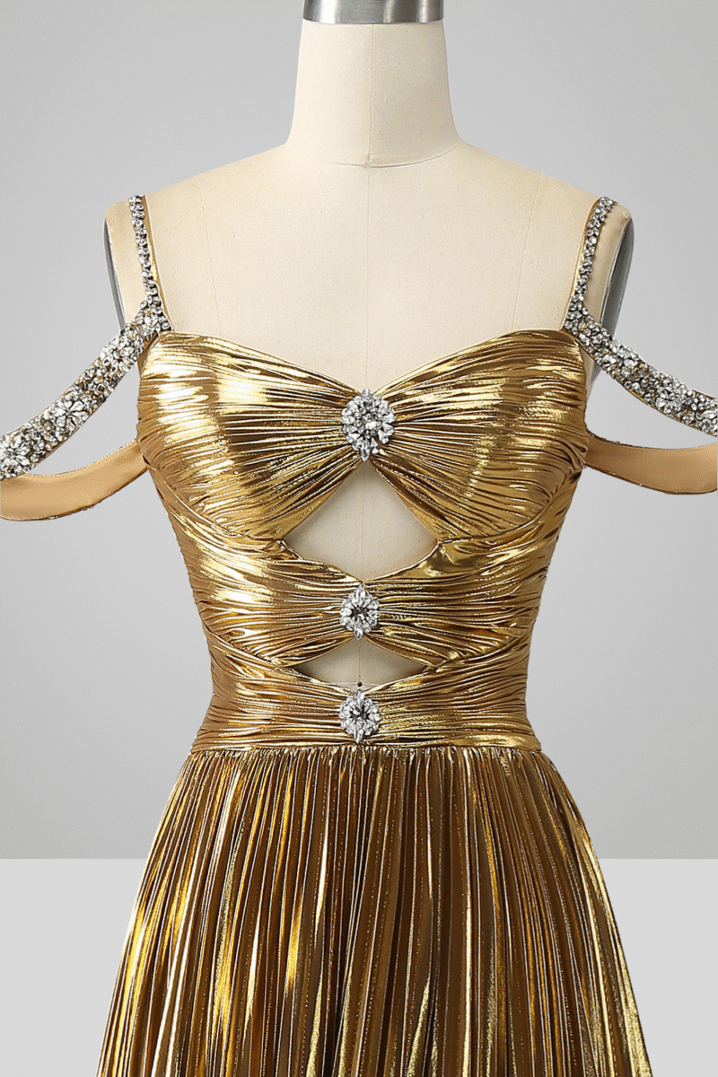 Gold A-Line Off-the-Shoulder Long Prom Dress