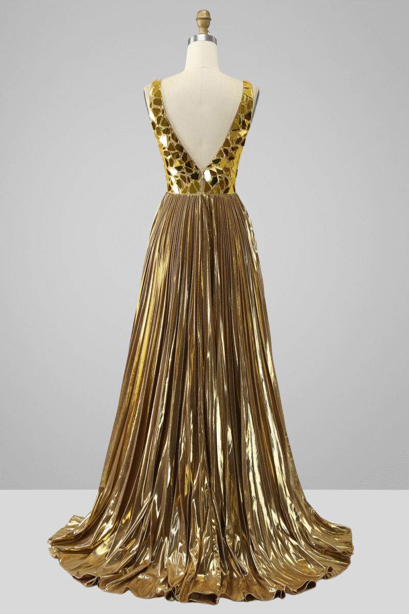 Gold A-Line Pleated Long Prom Dress with Slit