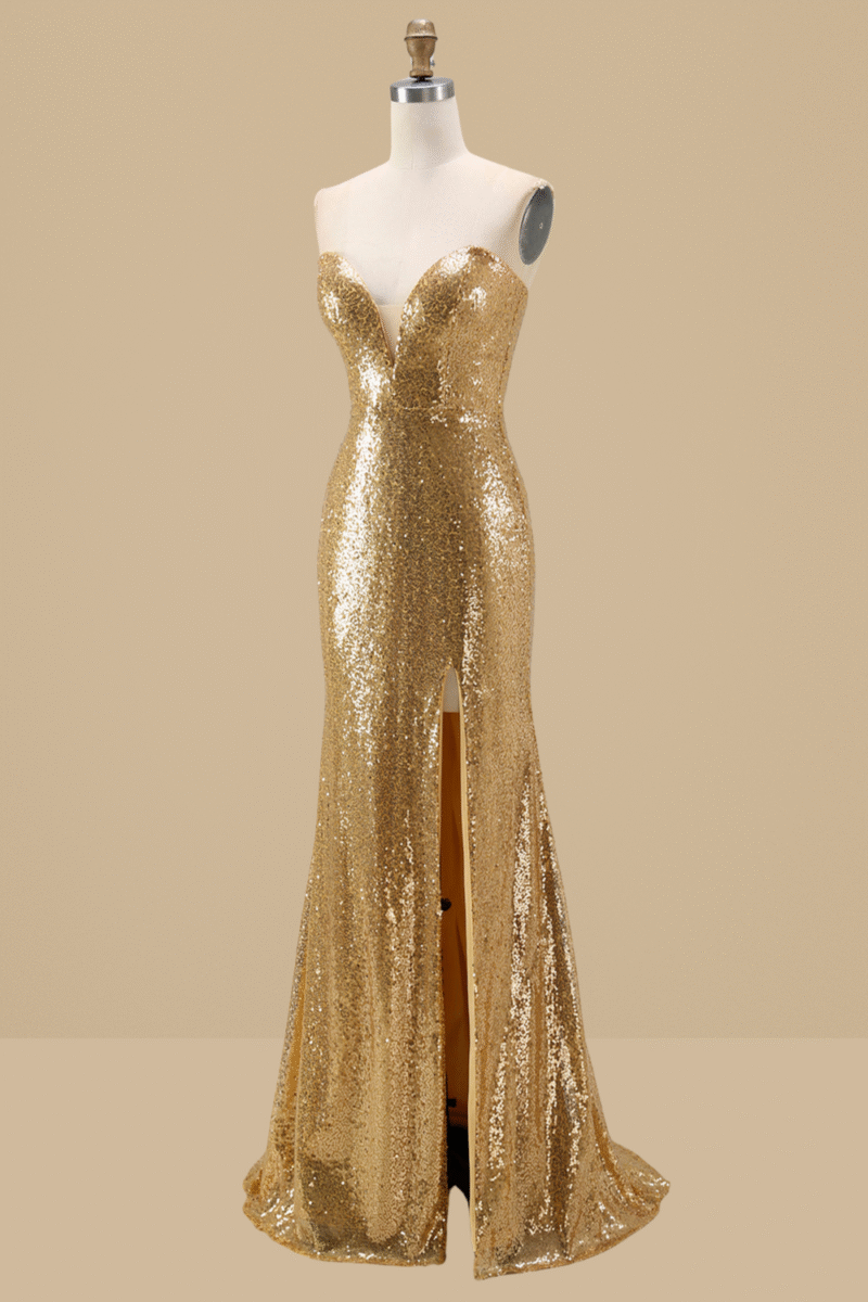 Sparkly Gold Mermaid Prom Dress with Slit