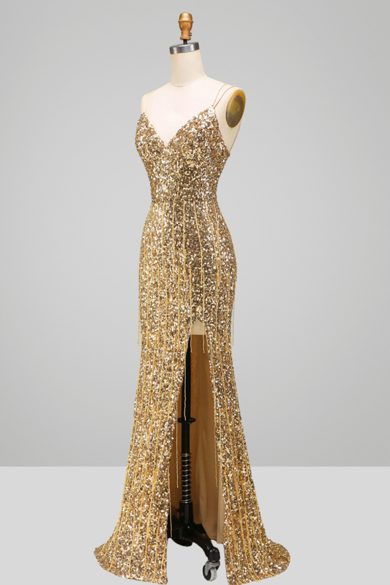 Sparkly Gold Prom Dress with Slit