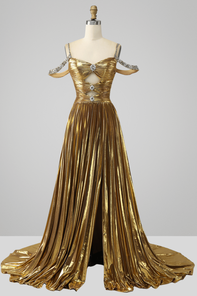 Gold A-Line Off-the-Shoulder Long Prom Dress