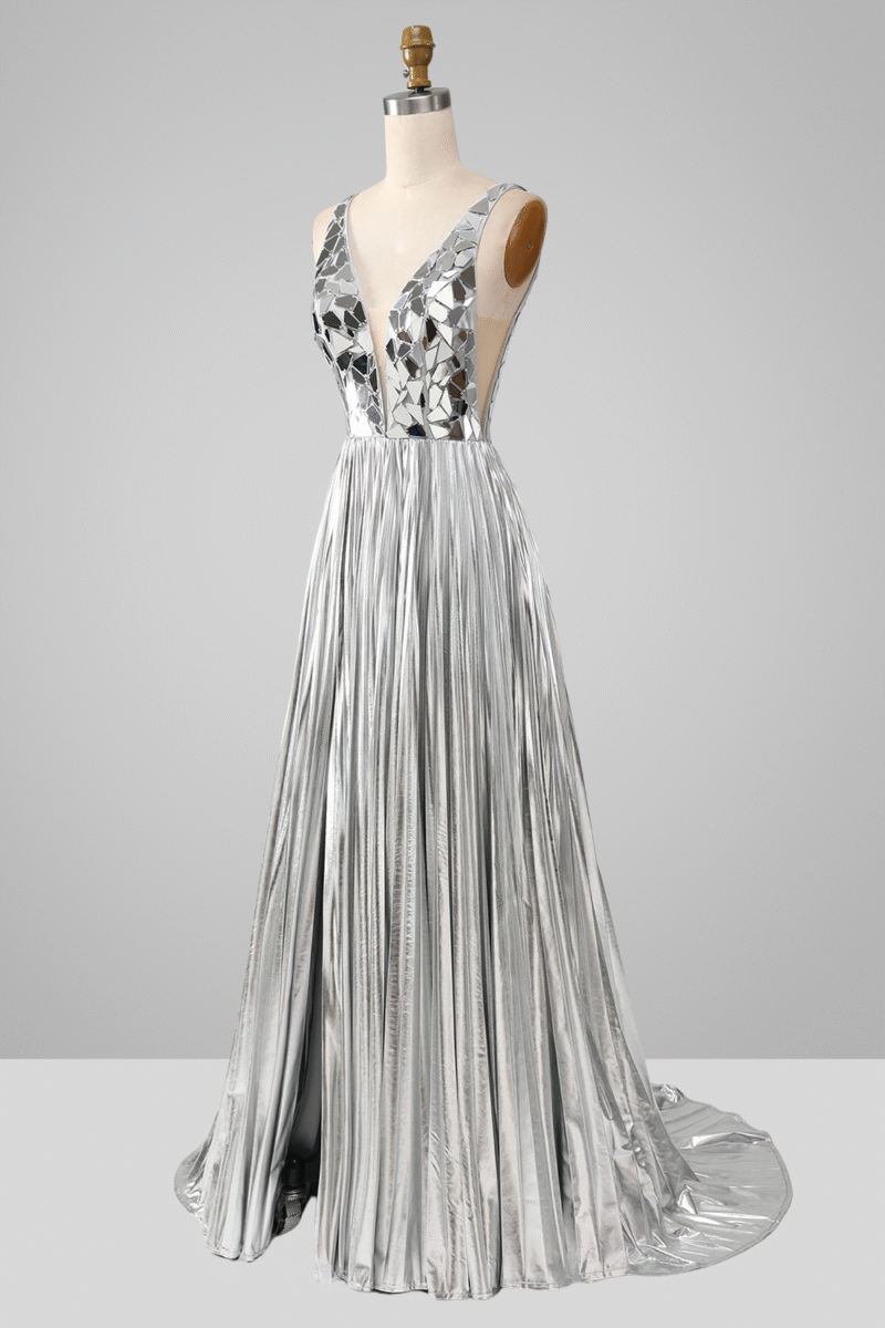 Gold A-Line Pleated Long Prom Dress with Slit