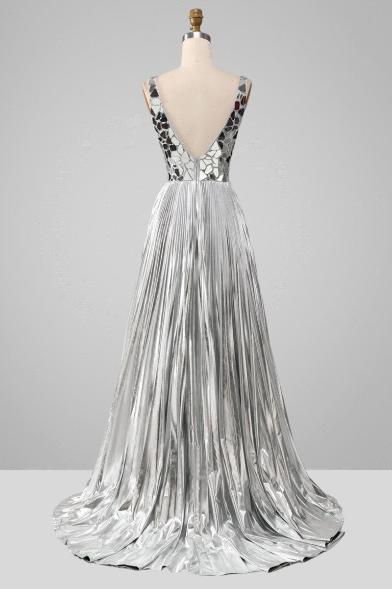 Gold A-Line Pleated Long Prom Dress with Slit