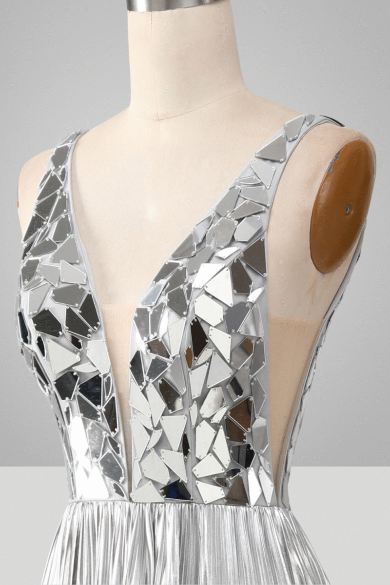 Gold A-Line Pleated Long Prom Dress with Slit