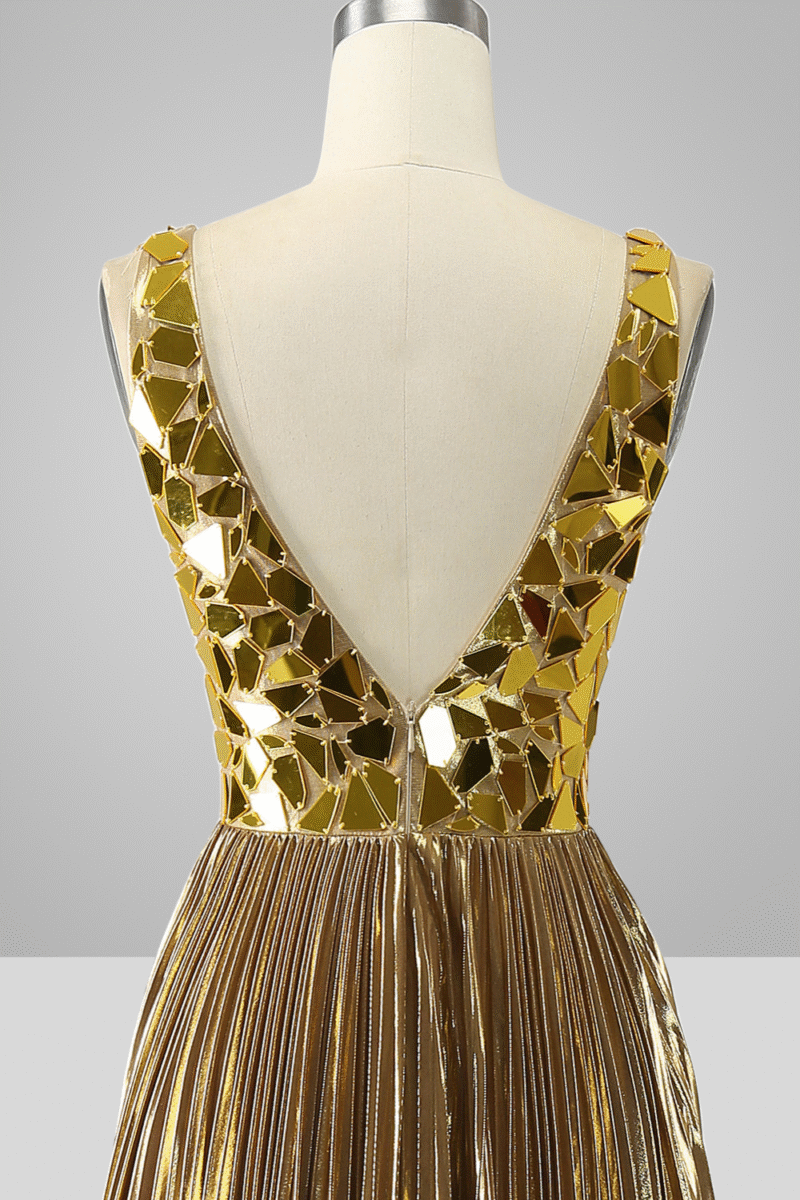 Gold A-Line Pleated Long Prom Dress with Slit