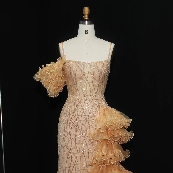 White Mermaid Evening Dress – Spaghetti Straps with Tiered Ruffles