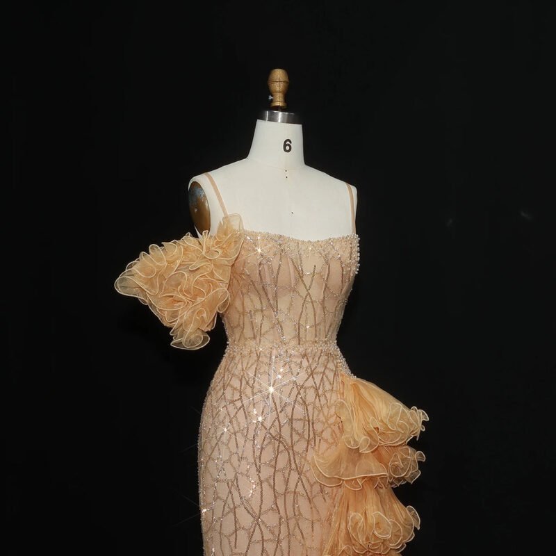 White Mermaid Evening Dress – Spaghetti Straps with Tiered Ruffles