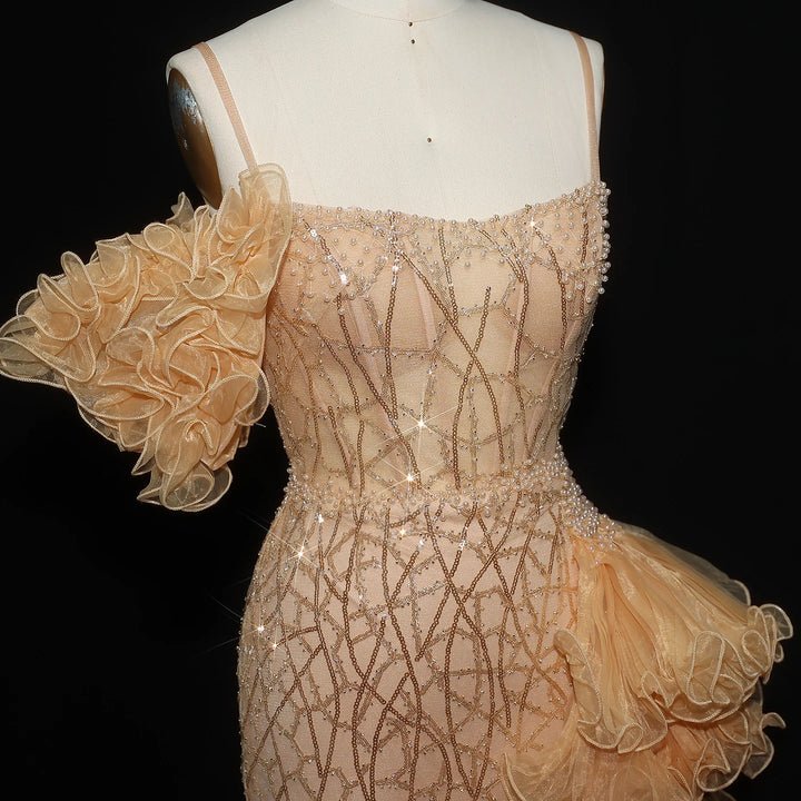 White Mermaid Evening Dress – Spaghetti Straps with Tiered Ruffles