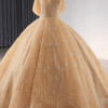 Gold Pearl Long Train Evening Ball Gown with Appliques