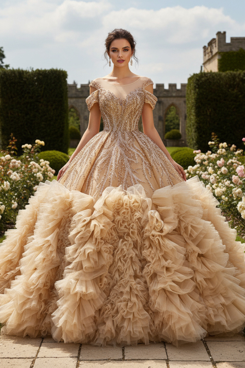 Vintage Golden Off-Shoulder Ruched Pearl Quinceanera Dress