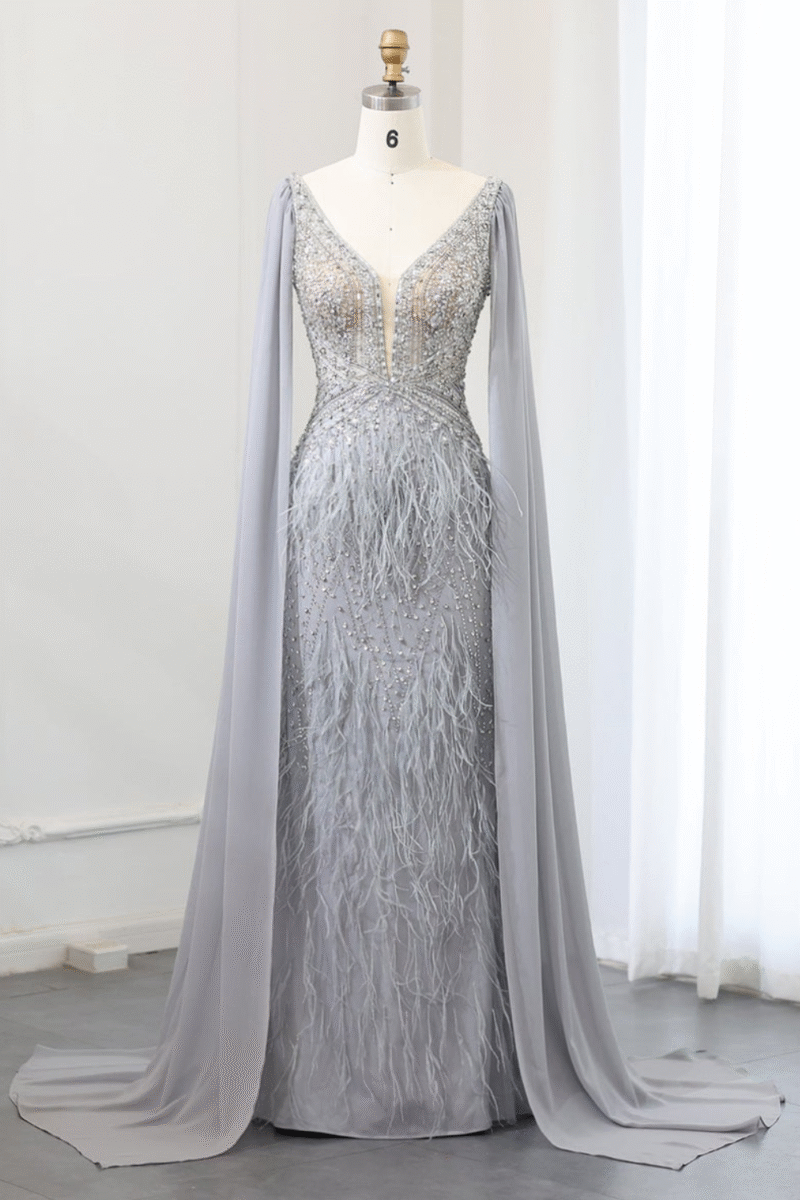 Elegant Luxury Evening Gray Gown with Flowing Cape Sleeves