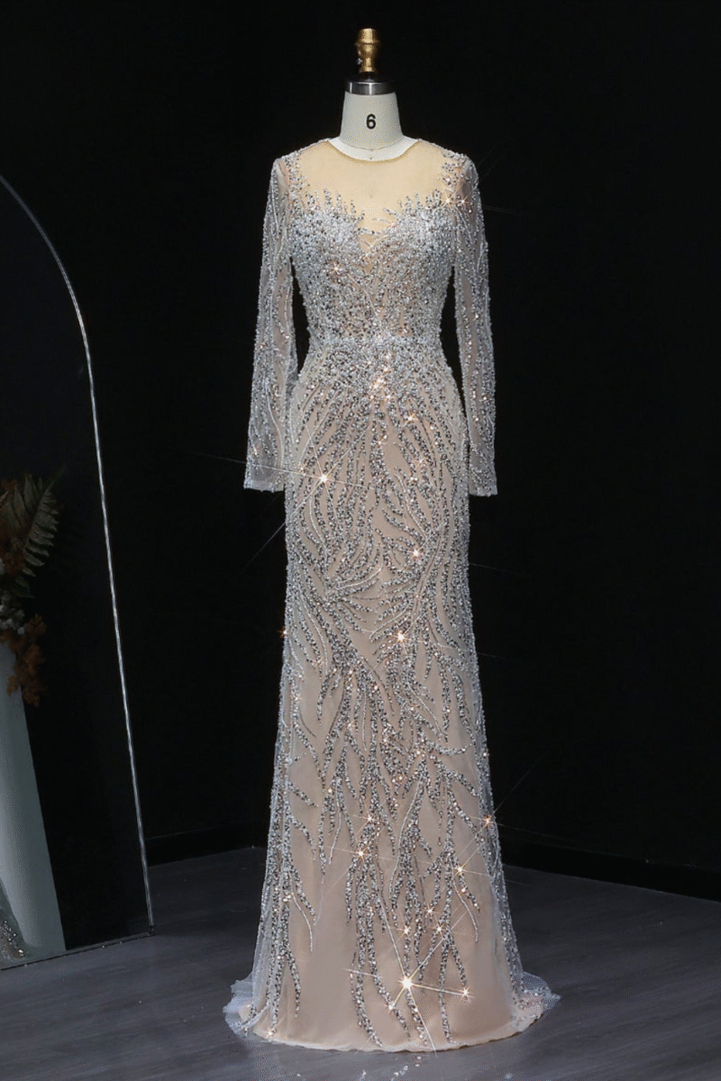 Gray Luxury Mermaid Long Sleeve Evening Dress