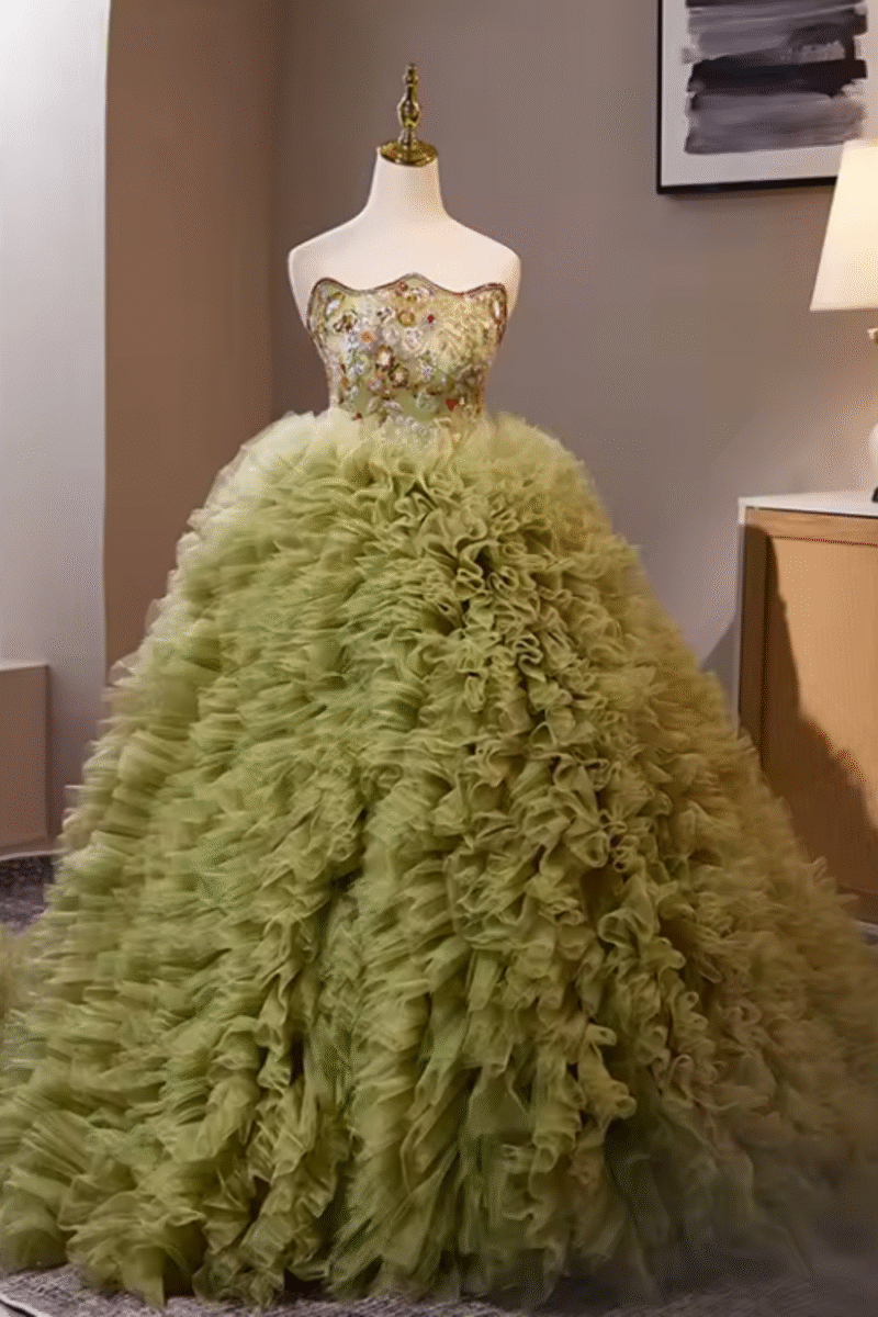 Luxury Green Embroidered Ruffles Ball Gown Dress