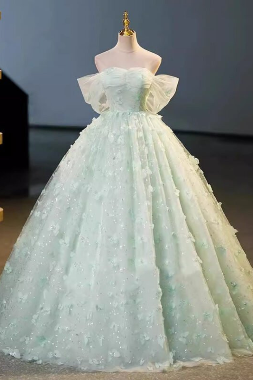 Sage Green Ball Gown with Beading & Butterfly Appliques