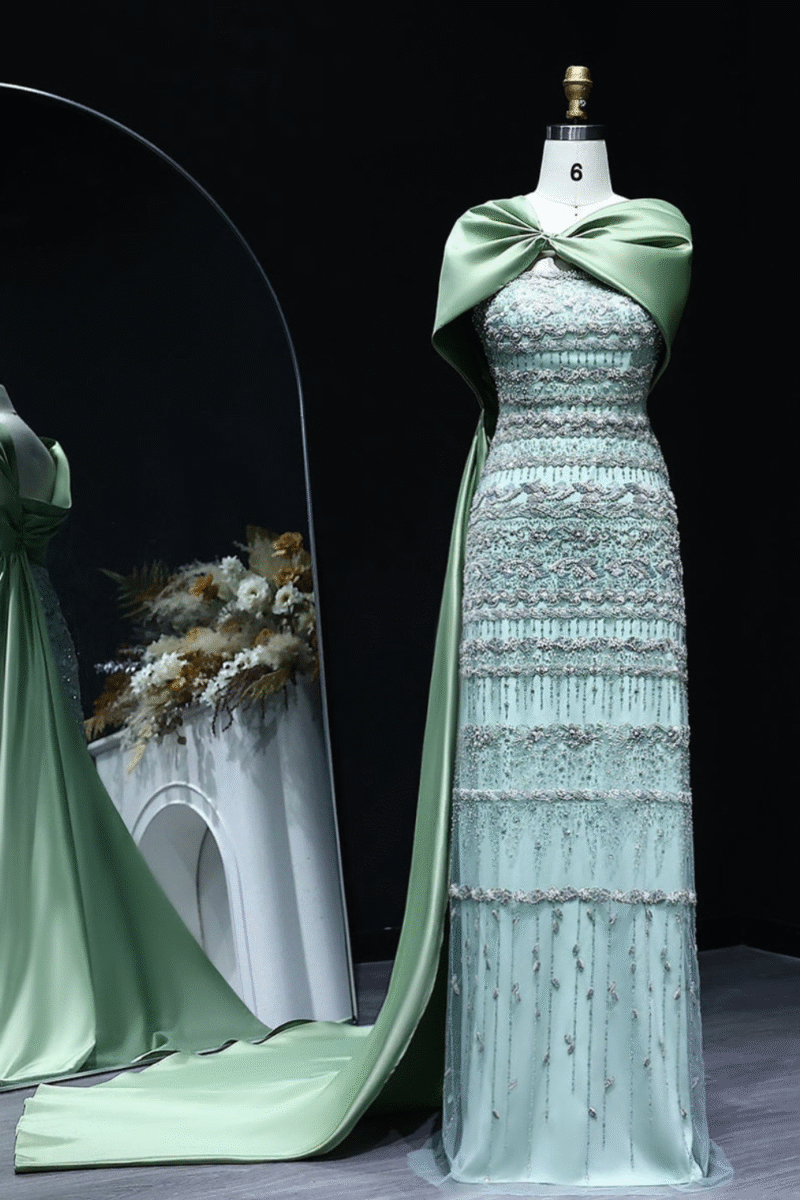 Sage Green Luxury Dubai Evening Dress with Elegant Cape Sleeves