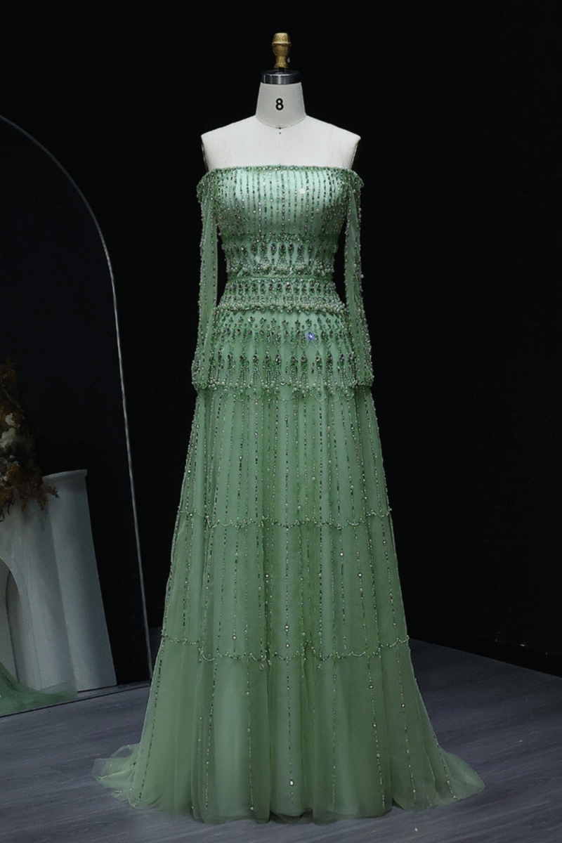 Sage Green Luxury Dubai Evening Dress with Long Sleeves