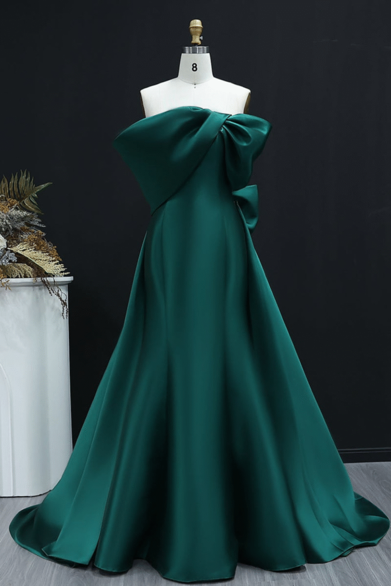 Satin Off-the-Shoulder Green Evening Dress with Overskirt