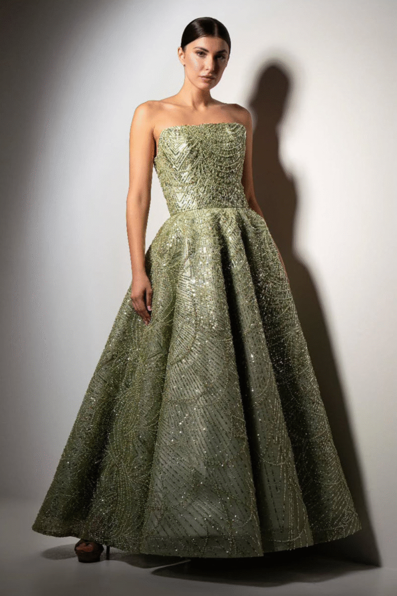 Sparkling Beaded Green Strapless Evening Dress