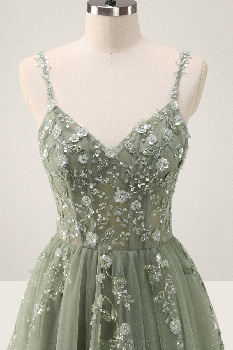 Pink Spaghetti Strap A-Line Prom Dress with Sequin Appliques