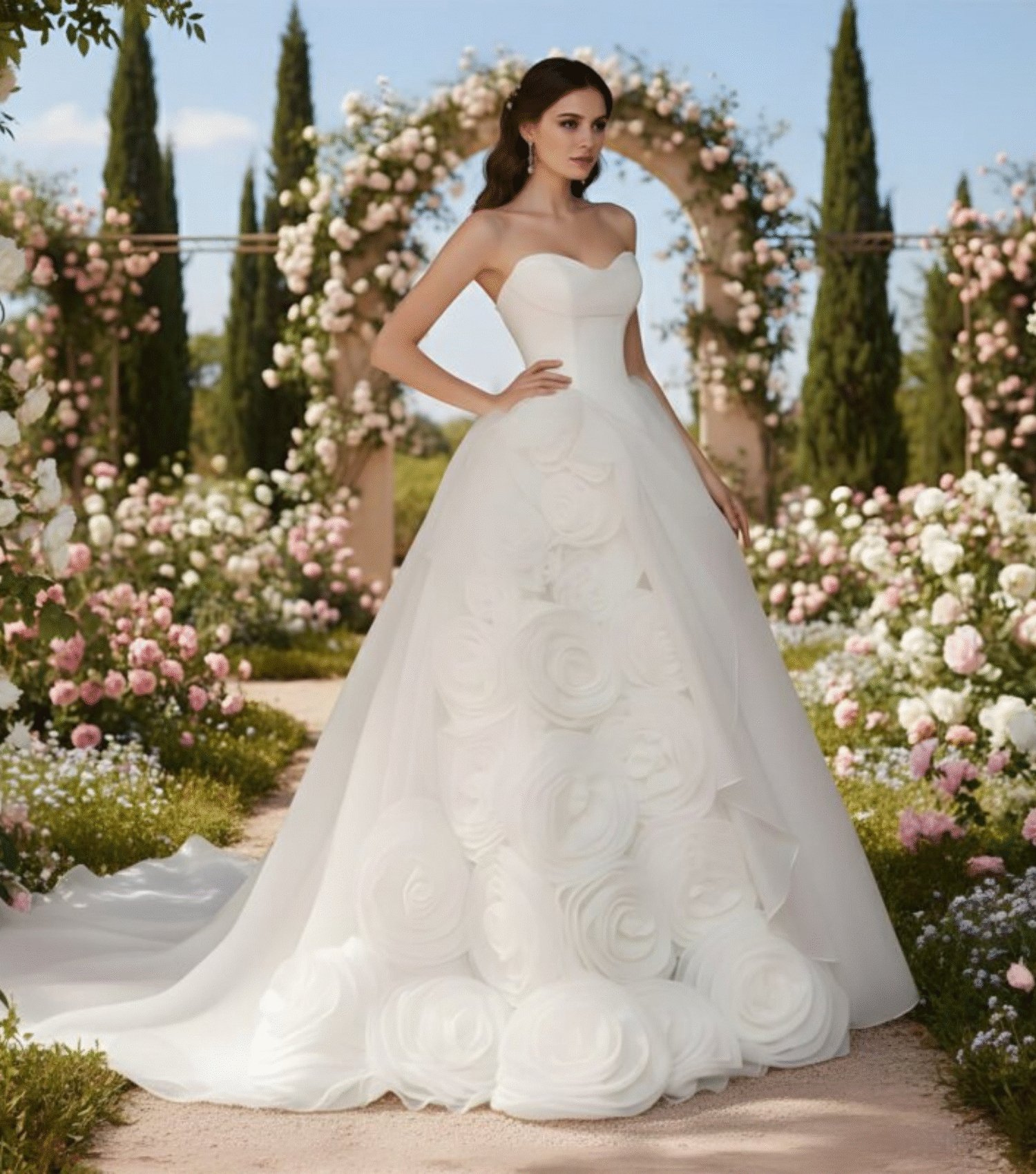 Floral Spaghetti Strap Mermaid White Wedding Gown