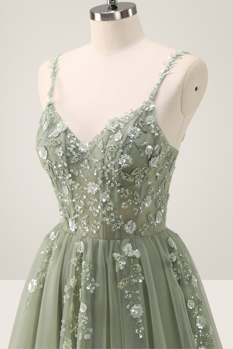 Pink Spaghetti Strap A-Line Prom Dress with Sequin Appliques