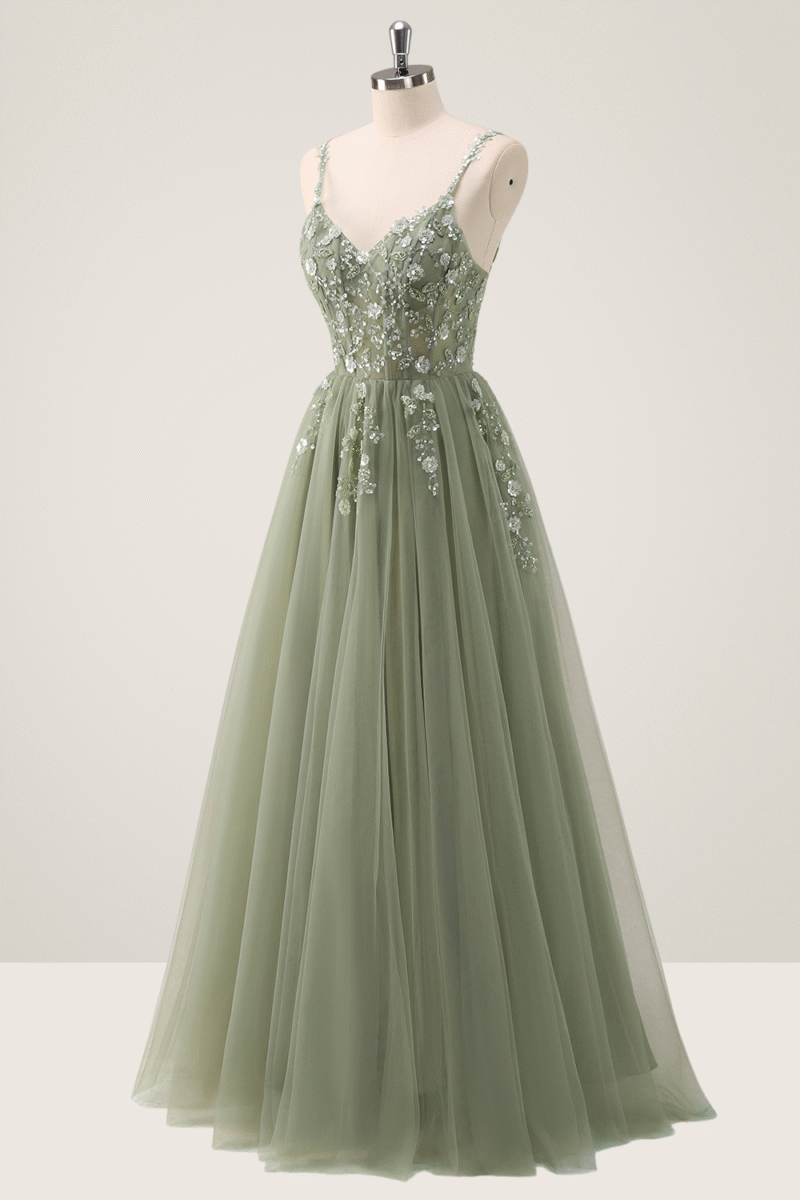 Pink Spaghetti Strap A-Line Prom Dress with Sequin Appliques