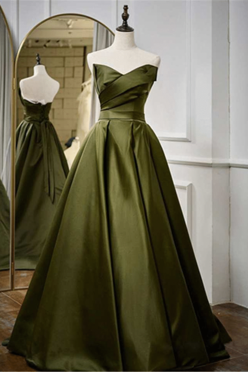 Vintage Green Satin Off-Shoulder Pleated Evening Gown