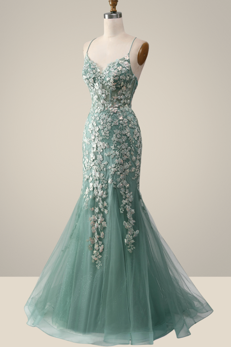 Green Mermaid Prom Dress with Elegant Appliques