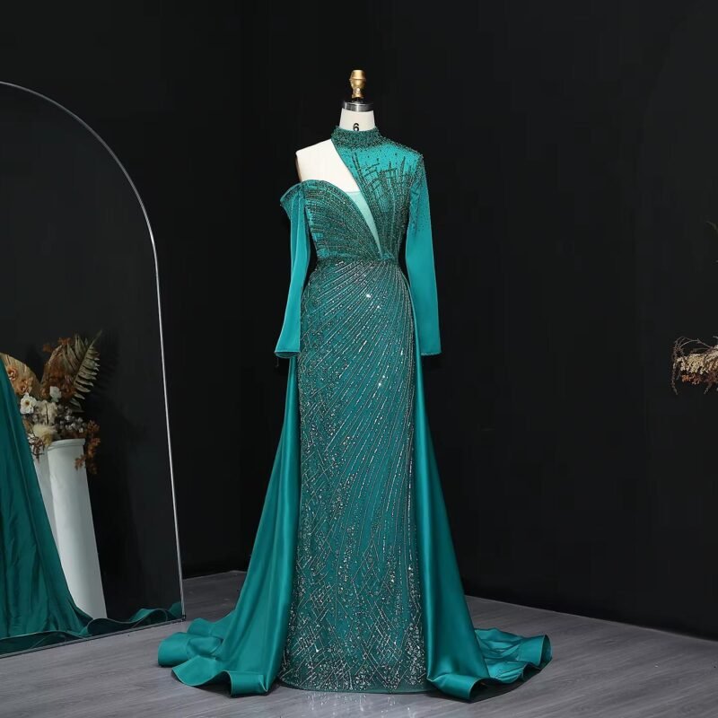 Luxury Green One-Shoulder Mermaid Evening Dress with Overskirt