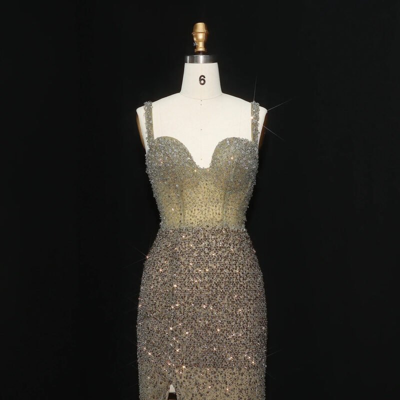 Luxury Crystal Champagne Mermaid Evening Dress with Slit – Elegant Formal Gown