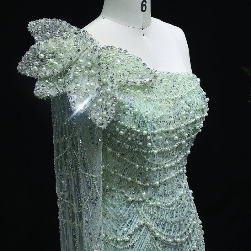 Luxury Pearls 3D Flower One-Shoulder Evening Dress