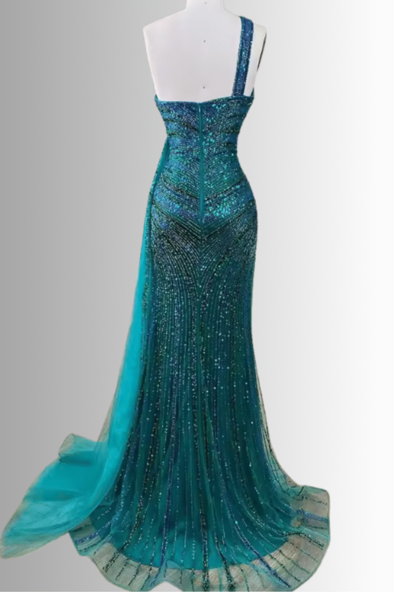 Blue-Green One-Shoulder Beaded Mermaid Prom Dress with High Slit
