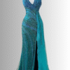 Blue-Green One-Shoulder Beaded Mermaid Prom Dress with High Slit