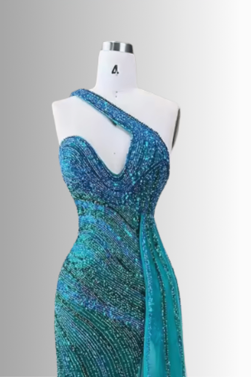 Blue-Green One-Shoulder Beaded Mermaid Prom Dress with High Slit