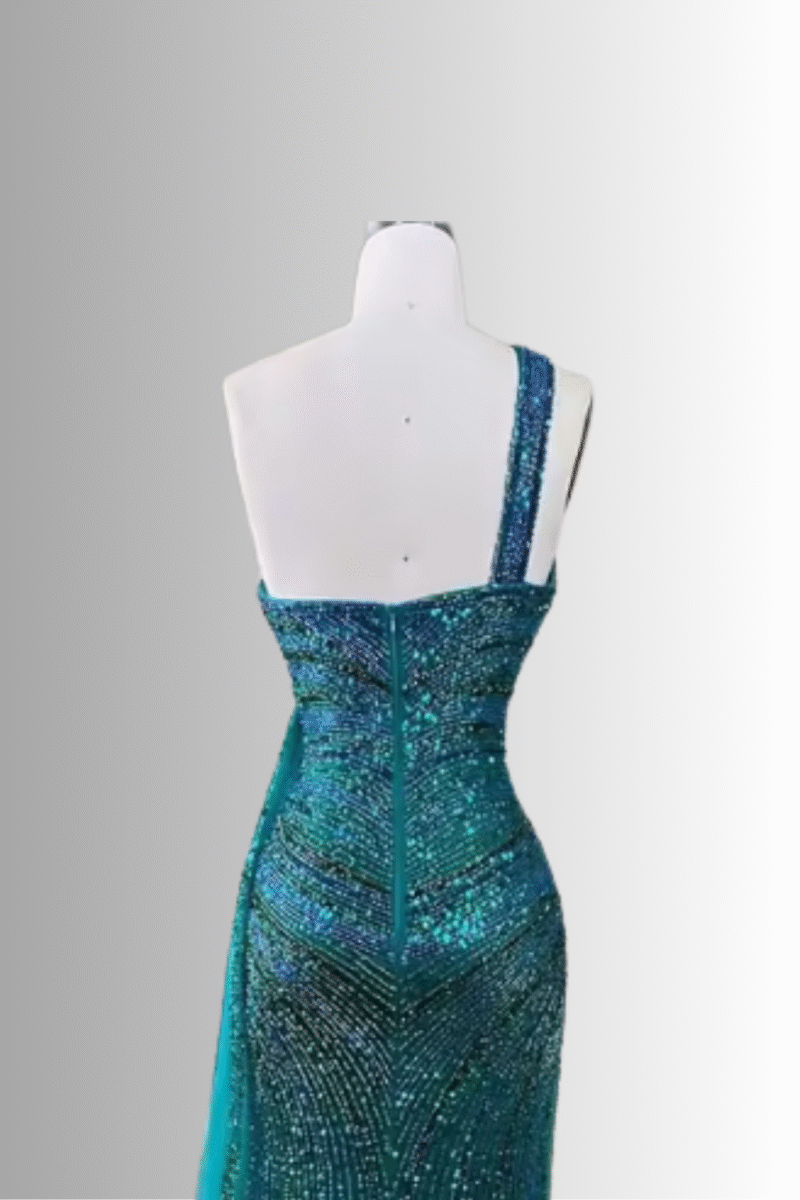 Blue-Green One-Shoulder Beaded Mermaid Prom Dress with High Slit