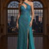 Blue-Green One-Shoulder Beaded Mermaid Prom Dress with High Slit