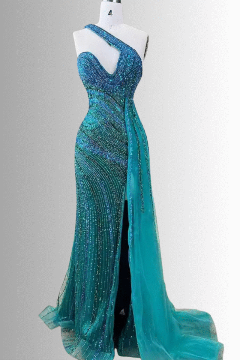 Blue-Green One-Shoulder Beaded Mermaid Prom Dress with High Slit
