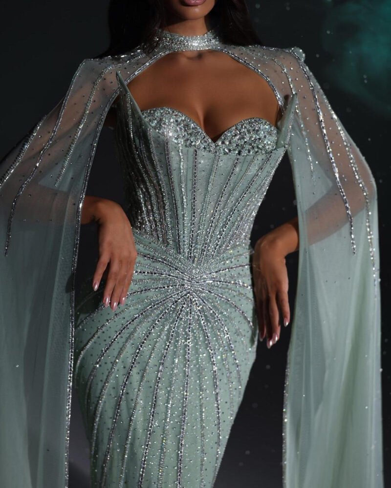 Luxury Crystal Grey Green Evening Dress With Cape Sleeves